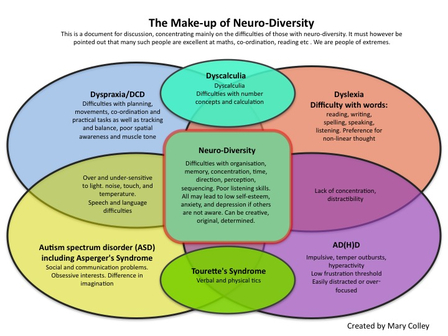 The Make up of neurodiversity Created by Mary Colley - an overlapping diagram of difficulties / traits experienced by neurodivergent people with conditions such as Autistic Spectrum Conditions, ADHD, Dyslexia, DCD. Dyscalculia & tourettes. 